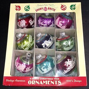 Christopher Radko Shiny Brite Flocked Christmas Ornaments, Set of 9